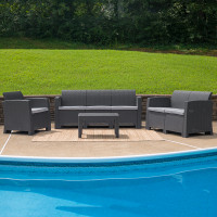 Flash Furniture DAD-SF-123T-DKGY-GG 4 Piece Outdoor Faux Rattan Chair, Loveseat, Sofa and Table Set in Dark Gray 
